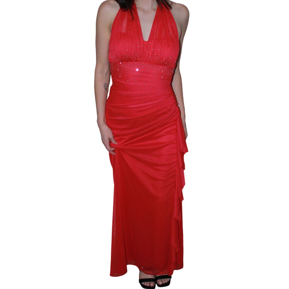 Blondie Nites Red Rhinestone Halter Formal Prom Maxi Dress Size 1